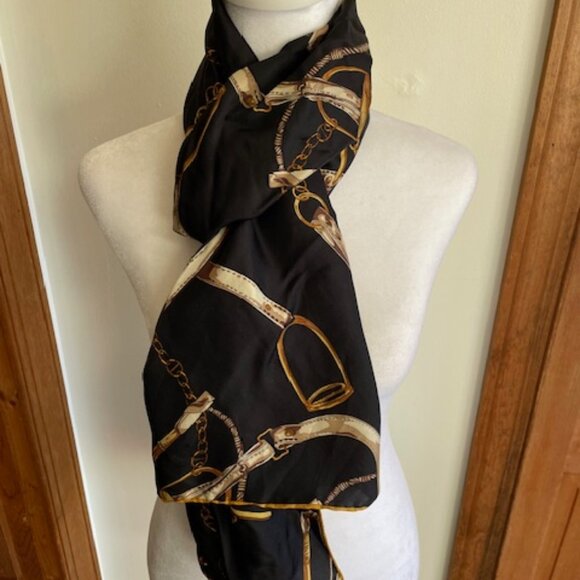 TALBOTS Vintage Silk Scarf Equestrian Print Oblong Black, Brown, Gold - Picture 7 of 14